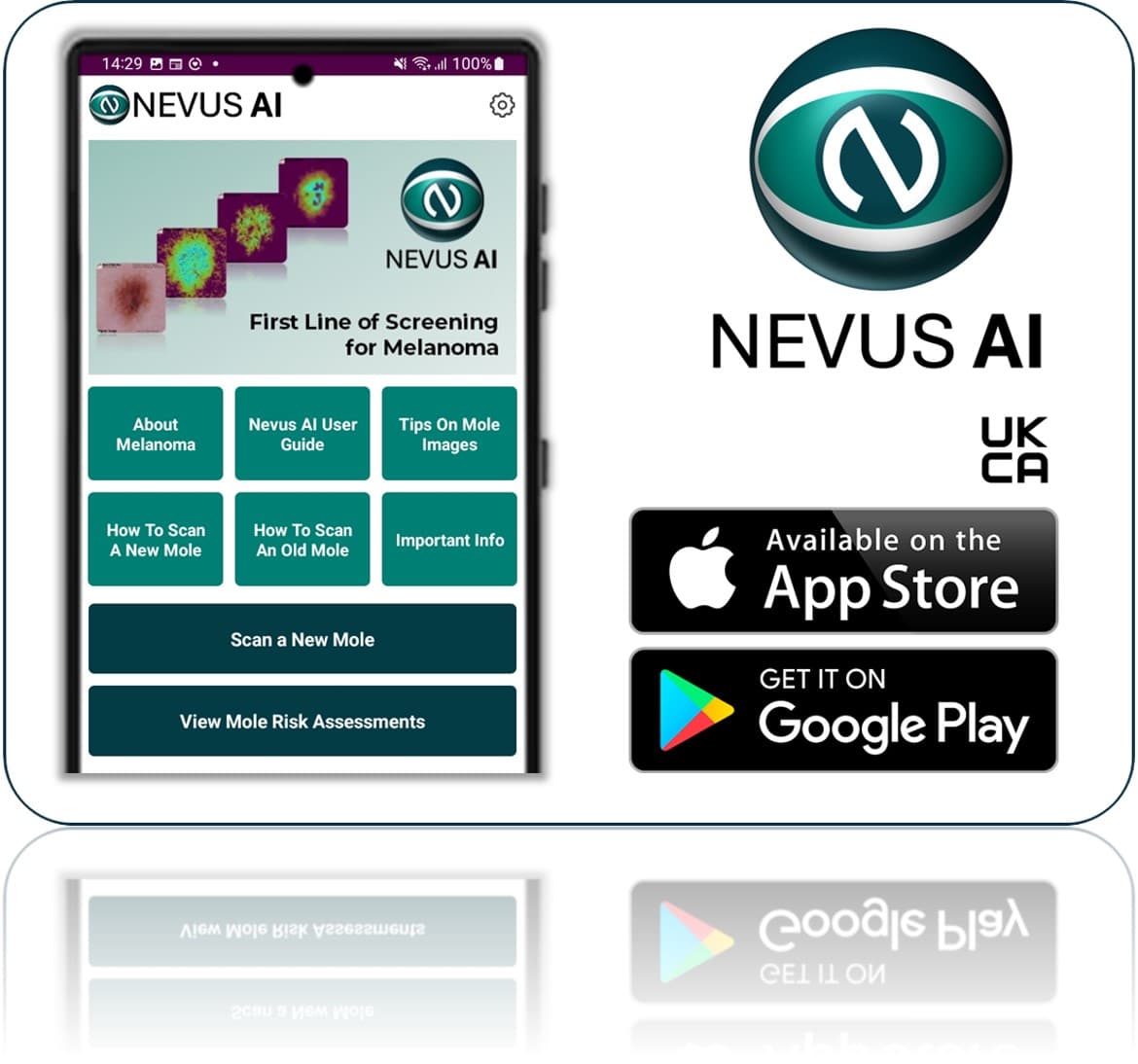 Download Nevus AI on your mobile device. Get a complete melanoma risk assessment in just a few minutes.